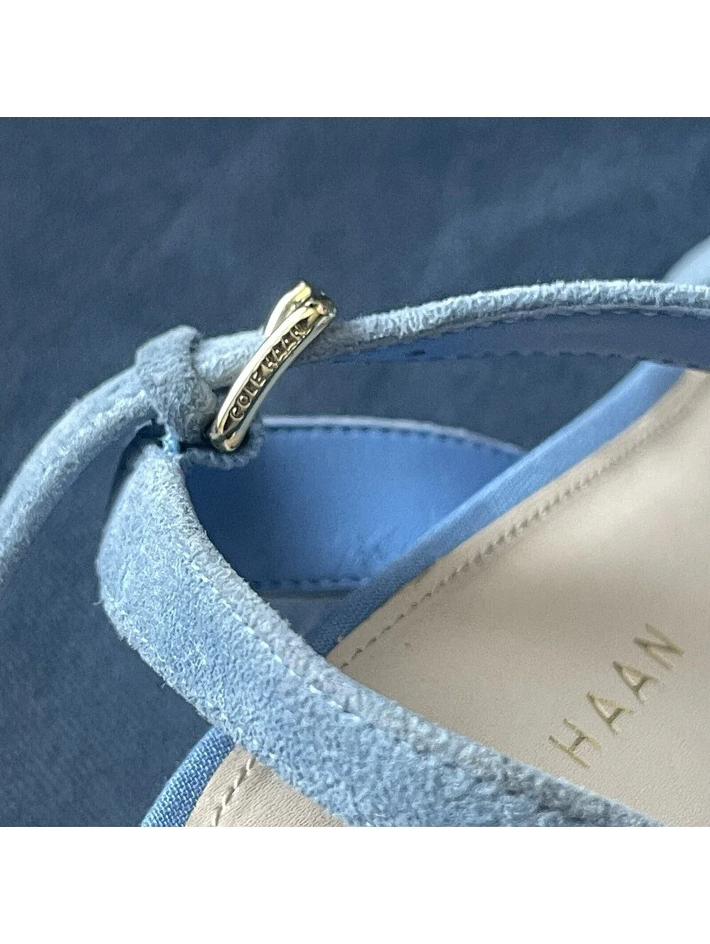 Cole Haan Woman's 6B Jasmine  Espadrille Wedge Blue Suede Gold 3” Heel Sandals